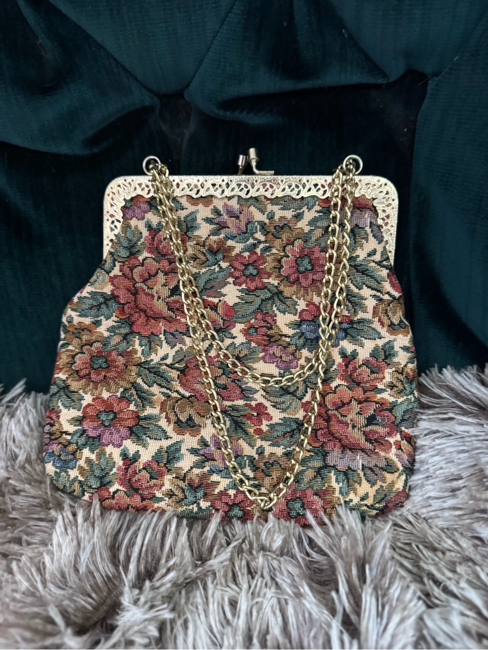 La Regale Floral Tapestry Mini Bag with Gold Chain